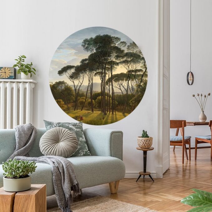 muurcirkel behangcirkel natuur bomen uitzicht zon Italiaans landschap met parasoldennen Hendrik Voogd 1807 2