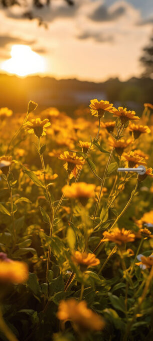 Deursticker boterbloemen zonsondergang natuur adembenemend deurposter