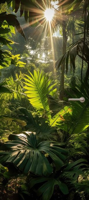 Deursticker deurposter zon schijnend jungle natuur adembenemend