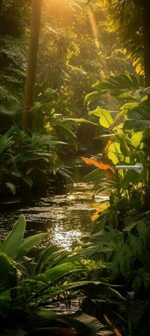 Deursticker zonnestralen op water jungle natuur adembenemend deurposter
