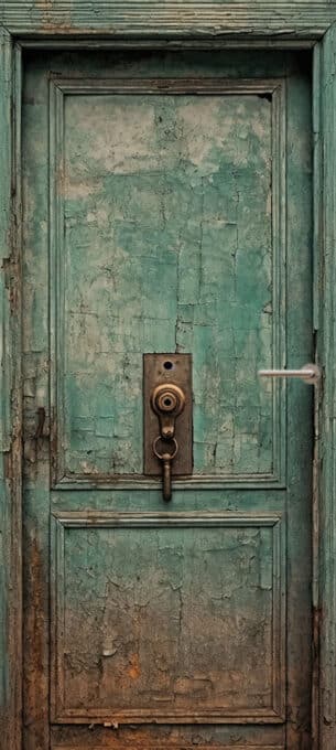 deurposter deursticker sticker poster turquoise oude deur hout houtlook vintage