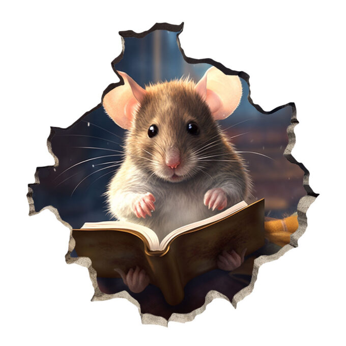 muis leest uit groot gouden boek muursticker