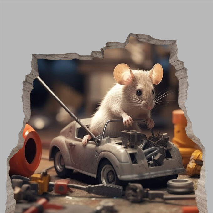 muursticker muisje sleutelt aan auto grappig creatief