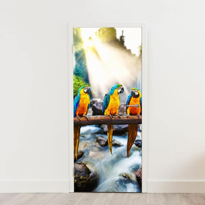 papagaai waterval deursticker deurposter sticker poster natuur zonneschijn