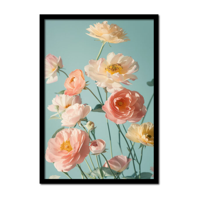 ranonkel-bloemen-mint-achtergrond-blauw--Posters-woonkamer-slaapkamer-kinderkamer-keuken-ideeen-inspiratie-goedkoop-store